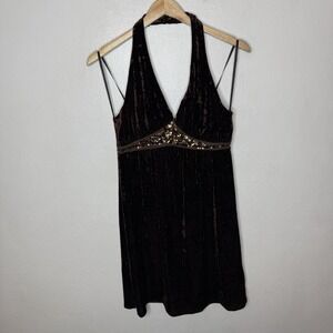 Vintage City Triangles Brown Velvet Sequin Halter Y2K Dress Womens Large